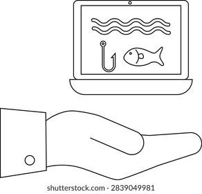 A hand presents a laptop screen displaying a phishing attack with a fish and hook, symbolizing online security threats.