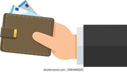 A hand presents a leather wallet with 20 euro notes in flat design style (cut out)