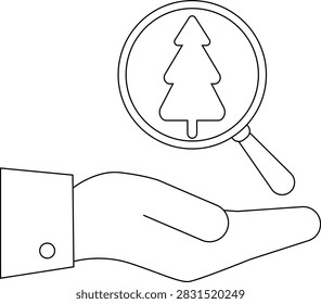 A hand presents a magnifying glass with a Christmas tree inside, symbolizing focus on holiday themes or environmental awareness.