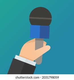 A hand presents a microphone for an interview on a blue background (flat design)