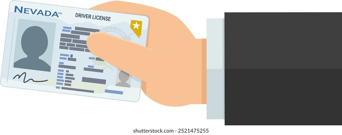 A hand presents a Nevada state driver's license card in flat design style (cut out)