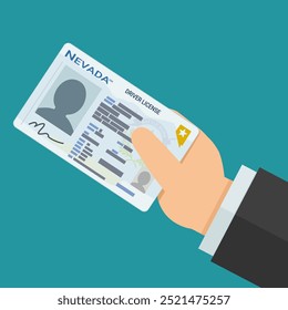 A hand presents a Nevada state driver's license card on a blue background in flat design style