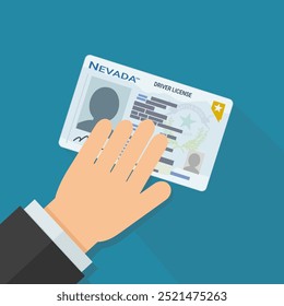 A hand presents a Nevada state driver's license card on a blue background with long shadow  in flat design style