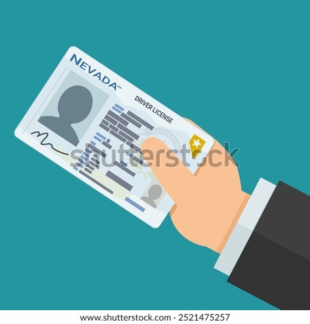 A hand presents a Nevada state driver's license card on a blue background in flat design style
