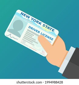 A hand presents a New York state driver's license (flat design)