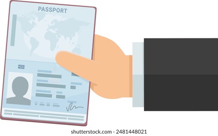 A hand presents an open passport in flat design style (cut out)
