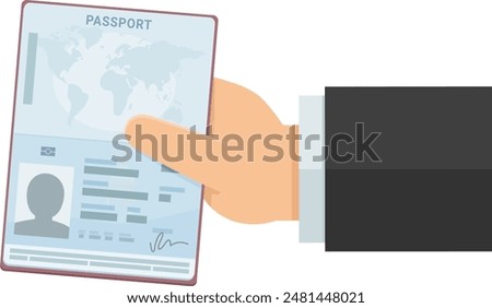 A hand presents an open passport in flat design style (cut out)
