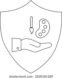 A hand presents a palette and brush within a shield, symbolizing creativity and artistic expression.