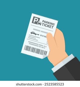 A hand presents a Parking ticket on a blue background in flat design style