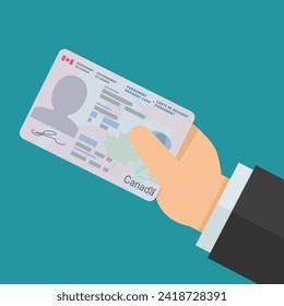 A hand presents a permanent resident card of Canada on a blue background in flat design style