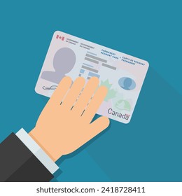 A hand presents a permanent resident card of Canada on a blue background in flat design style with a long shadow