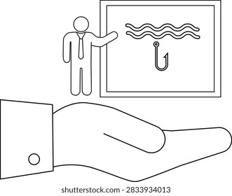 A hand presents a phishing presentation, highlighting the dangers of cyber threats and the importance of security awareness. The image features a person presenting a hook under waves, symbolizing phishing tactics.
