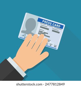 Una mano presenta una tarjeta de prensa sobre fondo azul con sombra larga en estilo de diseño plano