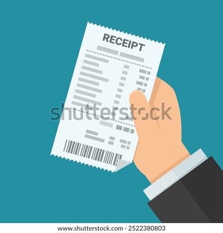 A hand presents a receipt from a store on a blue background in flat design style