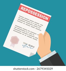 A hand presents a repossession document in flat design style on blue background