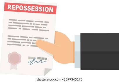 A hand presents a repossession document in flat design style (cut out)
