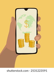 Uma mão apresenta um smartphone com um globo e pilhas de moedas simbolizando uma rede financeira global e atividade econômica