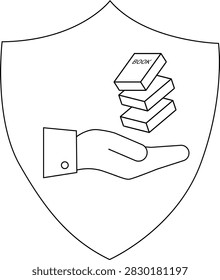 A hand presents a stack of books within a shield, symbolizing knowledge and protection.