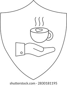 A hand presents a steaming cup with a heart shape in a shield outline, symbolizing care and comfort.