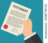 A hand presents a testament in flat design style on blue background