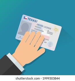 A hand presents a Texas driver's license on blue background (flat design)