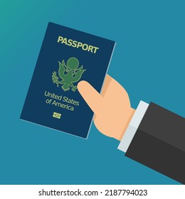A hand presents a United States of America passport on a blue background (flat design)