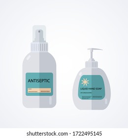 Hand press alcohol disinfectant gel bottle for disinfection and antibacterial liquid soap. Isolated over white background. Precautions in the fight against coronavirus. Vector illustration