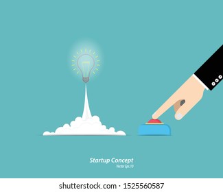 Hand press button startup light bulb. Startup Business, Business idea concept. Manager hand support. Illustration vector flat