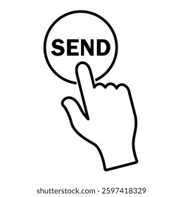 Hand press a button with text send icon in trendy outline style design. Vector illustration isolated on white background.