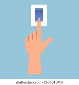 Guardar Interruptor de electricidad de la prensa de la mano encendido, control de iluminación, ilustración de energía