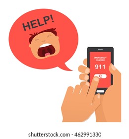 hand press emergency number 911 on a mobile phone with a man screaming for help. 