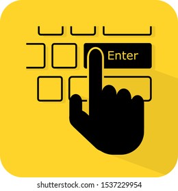 Hand press keyboard Enter button. Human finger computer input confirm click. Flat 3D shadow design. yellow background black vector. product brand service label banner board display. App icon.