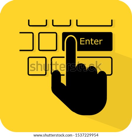 Hand press keyboard Enter button. Human finger computer input confirm click. Flat 3D shadow design. yellow background black vector. product brand service label banner board display. App icon.