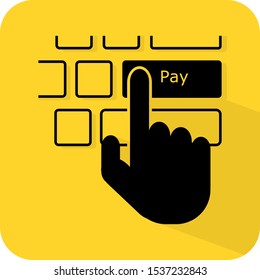 Hand press keyboard Pay enter button. Human finger computer input confirm click. Flat 3D shadow design. yellow background black vector. product brand service label banner board display. App icon.