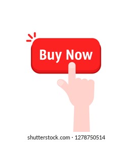 hand press on red buy now button. concept of forefinger badge for online store or e-commerce client making easy decision or pre-order. flat minimal cpc or ppc logotype graphic design isolated on white