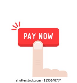 hand press on red pay now button. concept of easy urgent or timely online payment by client. flat cartoon style trend modern simple logo graphic art user interface design isolated on white background