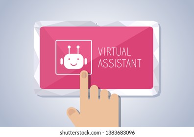 Hand press on virtual assistant icon on tablet screen. Online service concept