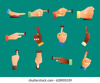 Hand press red button finger press control push pointer gesture human body part vector illustration.
