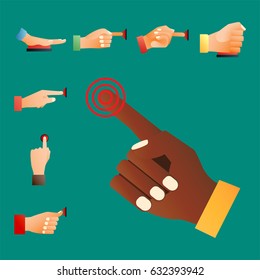 Hand press red button finger press control push pointer gesture human body part vector illustration.