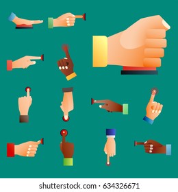 Hand press red button finger press control push pointer gesture human body part vector illustration.