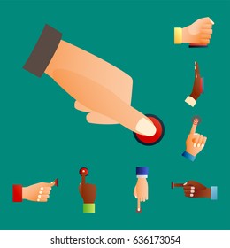 Hand press red button finger press control push pointer gesture human body part vector illustration.