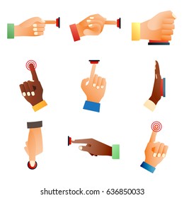 Hand press red button finger press control push pointer gesture human body part vector illustration.