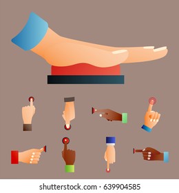 Hand Press Red Button Finger Press Control Push Pointer Gesture Human Body Part Vector Illustration.