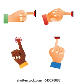 Hand press red button finger press control push pointer gesture human body part vector illustration.