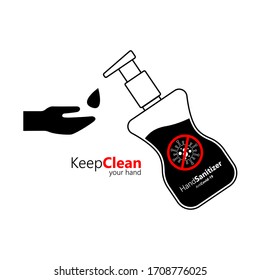 Hand press sanitizer alcohol gel bottle to cleaning disinfection and washing flat icon vector background