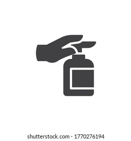 Hand press sanitizer bottle vector icon. filled flat sign for mobile concept and web design. Applying a moisturizing sanitizer glyph icon. Cleaning and disinfection symbol, logo illustration. 