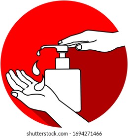 Hand Press Sanitizer Icon, Alcohol gel bottle.  Cleaning disinfection and washing flat, Corona virus prevention. Covid-19 protection.