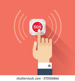 Hand press SOS button icon. Vector image isolated on red background