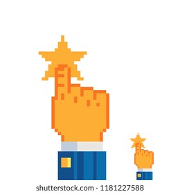 Hand press the star button, pixel art icon isolated vector illustration. Hand with pointing finger pointing to rating stars. Concept of favorite, consumer and service, bookmark. Design for app.