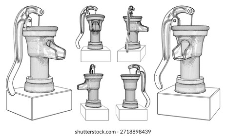 Bomba de agua de Prensa manual Vector 01. Una ilustración de una fuente de Antiguas Retro Old Garden aislada sobre un fondo blanco.